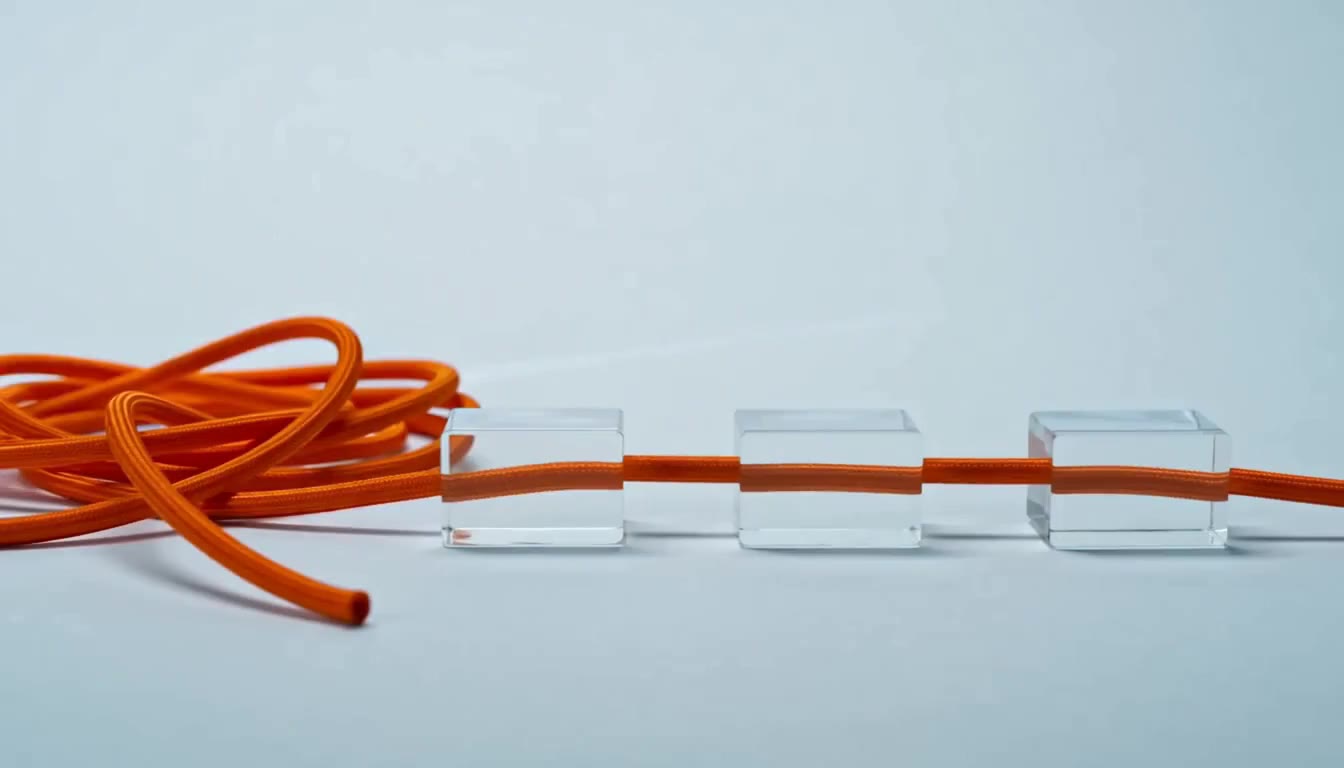 A tangled orange cord becomes a clear, straight path through three glass blocks.